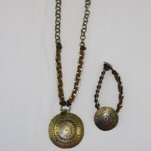 Bohm Gold Toned Mixed Metal Leather Gold Toned Medallion Necklace and Bracelet
